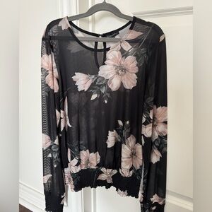 New Dynamite Black Pink Floral Sheer Blouse Top